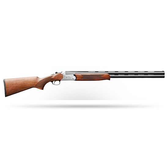 Over-under shotgun with wooden stock on white