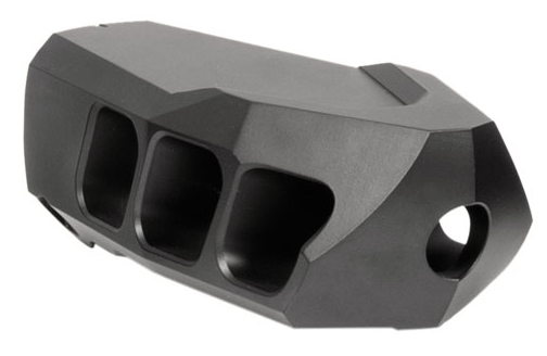 Black metal muzzle brake with side ports