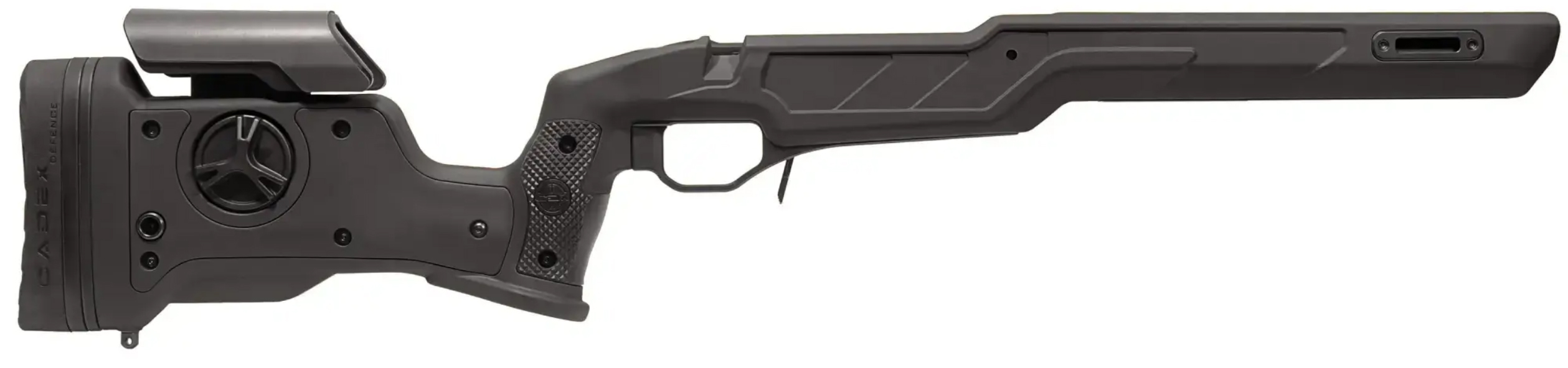 Black adjustable rifle chassis stock, side profile