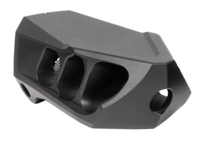 Black metal firearm muzzle brake on white background