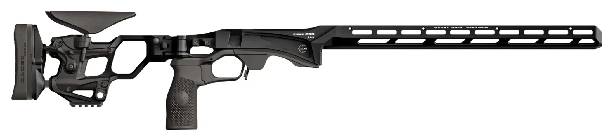 Black precision rifle chassis with adjustable stock