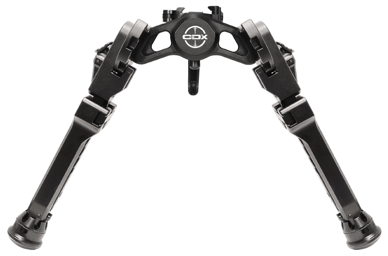 Black adjustable rifle bipod with extended legs