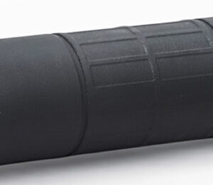 Black cylindrical firearm suppressor on white background