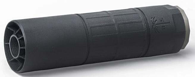 Black cylindrical firearm suppressor on white background