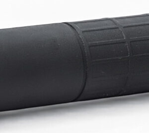 Black cylindrical firearm suppressor on white background
