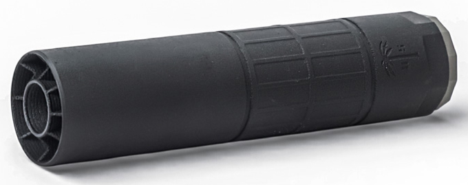 Black cylindrical firearm suppressor on white background