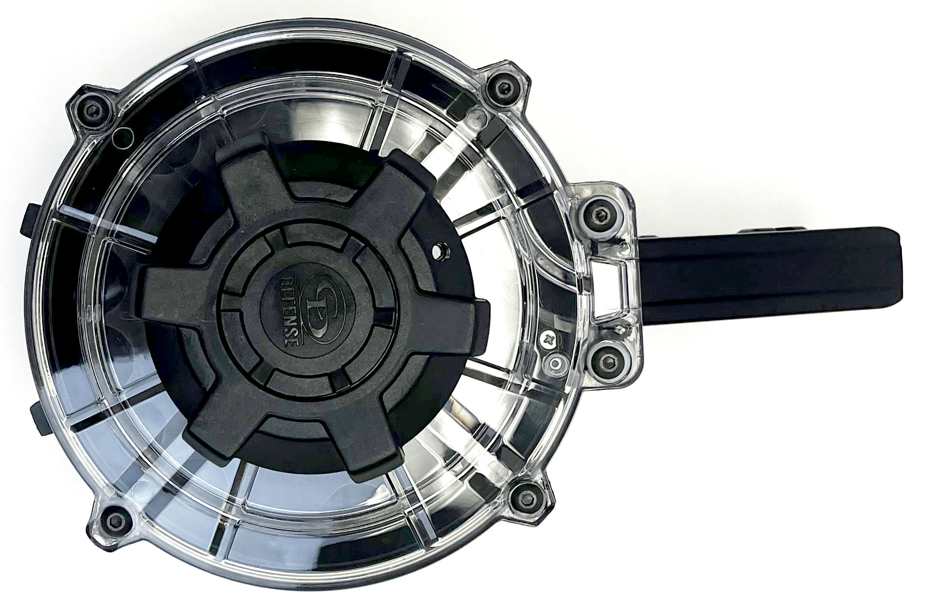 Transparent circular defense device with black handle