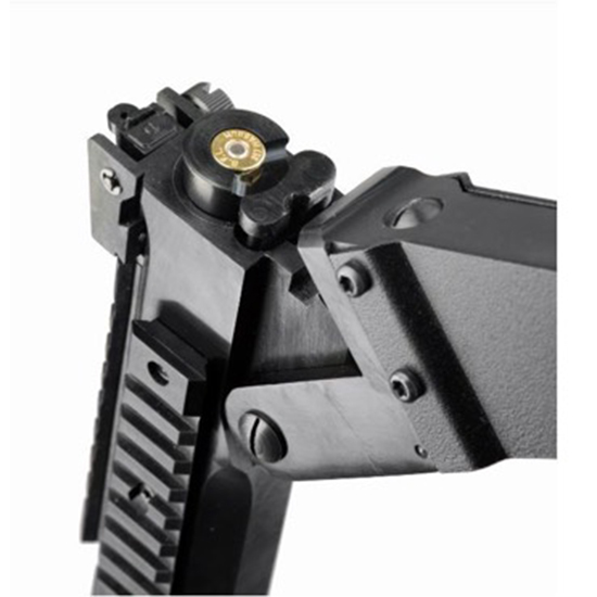 Close-up of rifle rear sight and cartridge