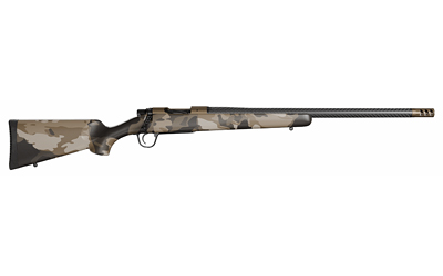 Camouflage bolt-action rifle on white background