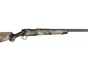 Camouflage bolt-action rifle on white background