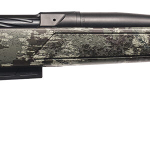 Camouflage bolt-action rifle on white background