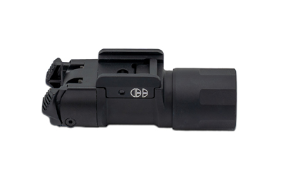 Black tactical weapon-mounted flashlight with rail attachment