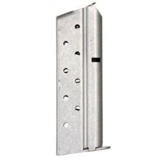 Stainless steel pistol magazine on white background