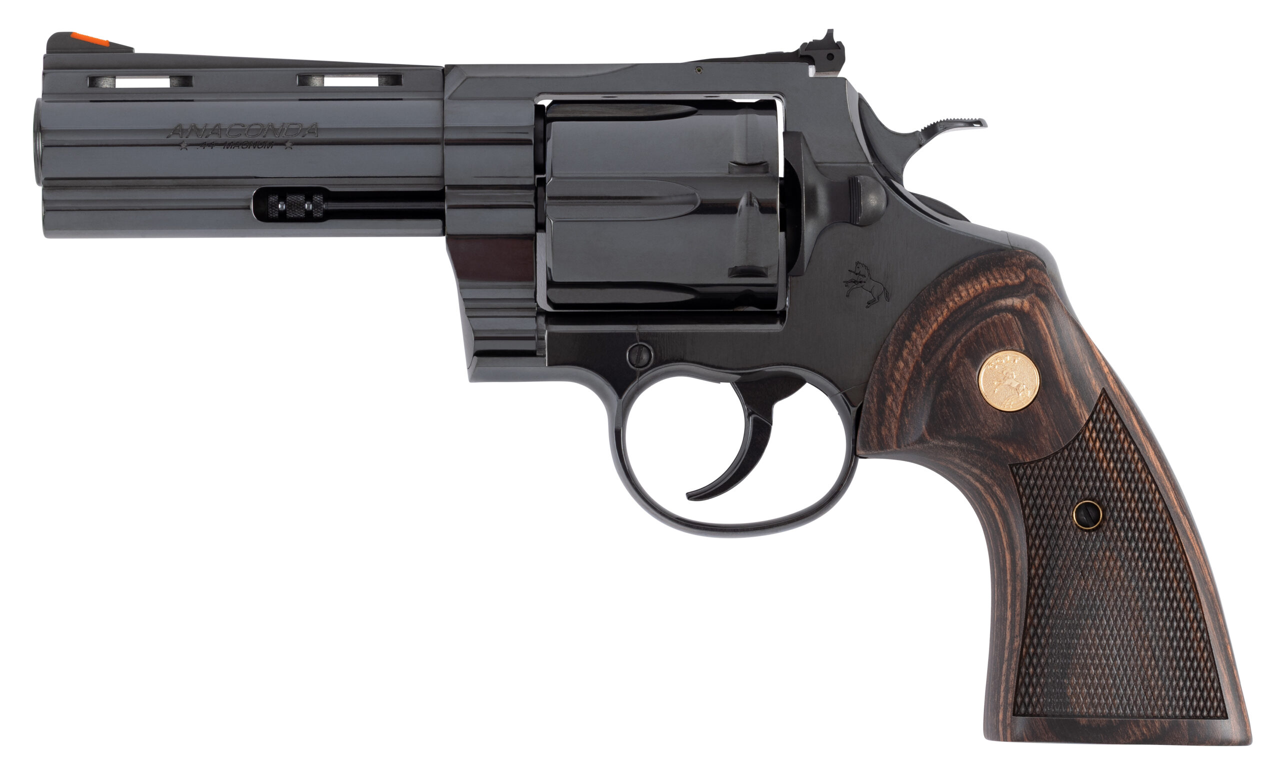 Black revolver with wooden grip on white background