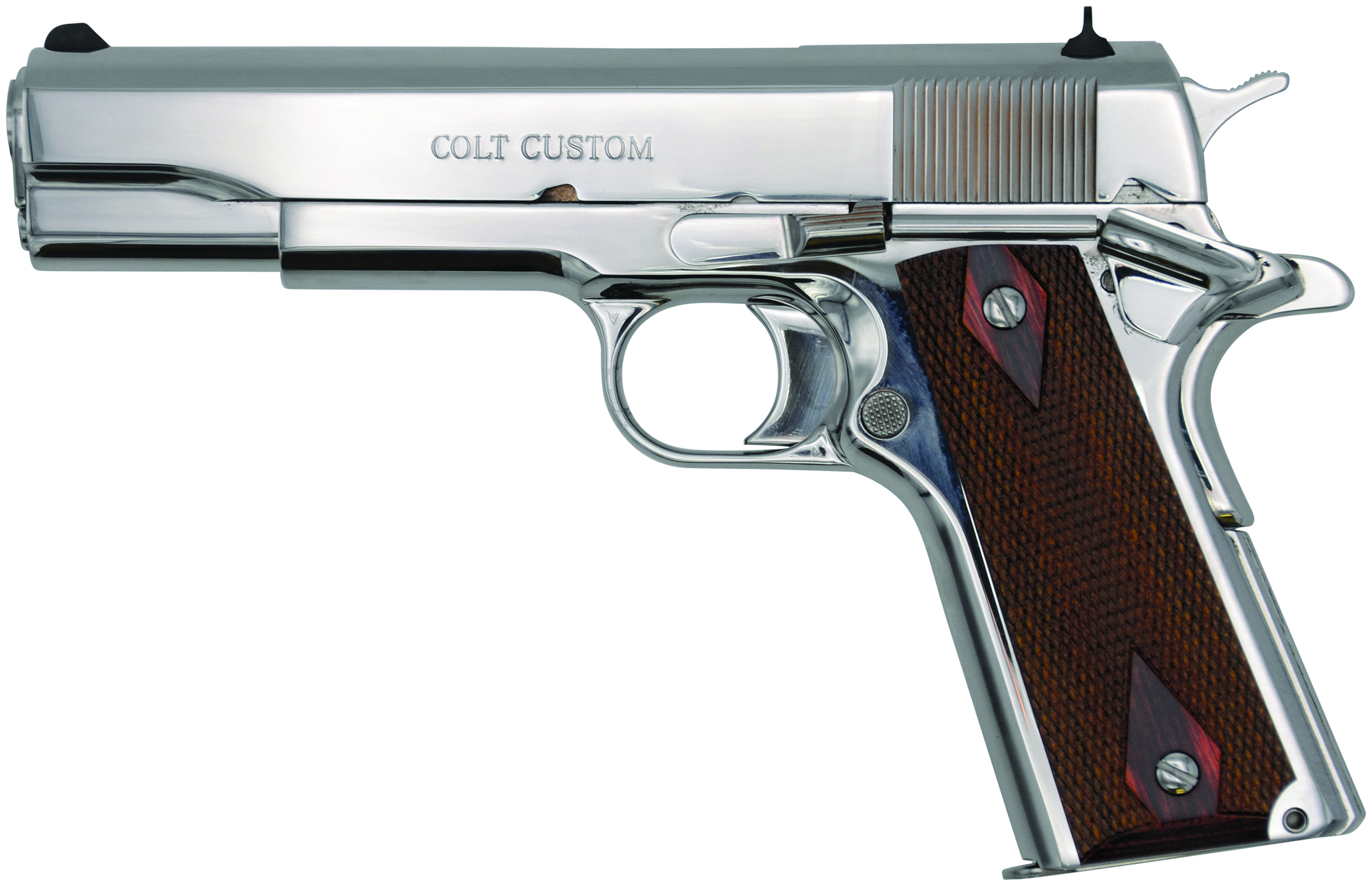Colt Custom chrome semi-automatic pistol with wooden grip