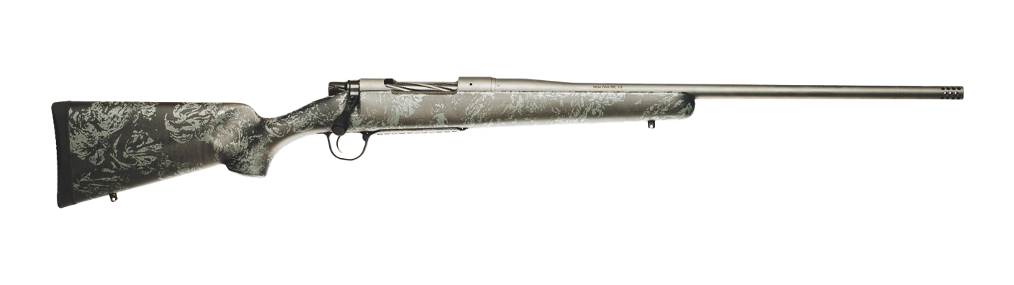 Camouflage bolt-action rifle with long barrel