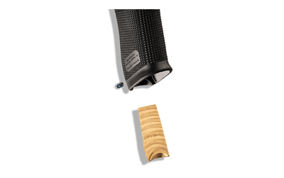 Black textured handle with wooden insert and screw