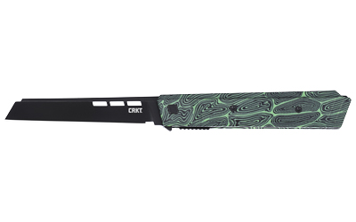 Black CRKT knife with green patterned handle