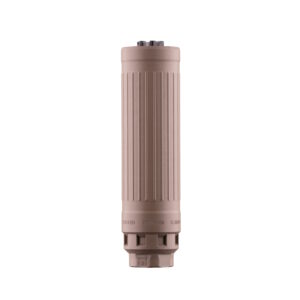Tan 5.56mm rifle suppressor on white background
