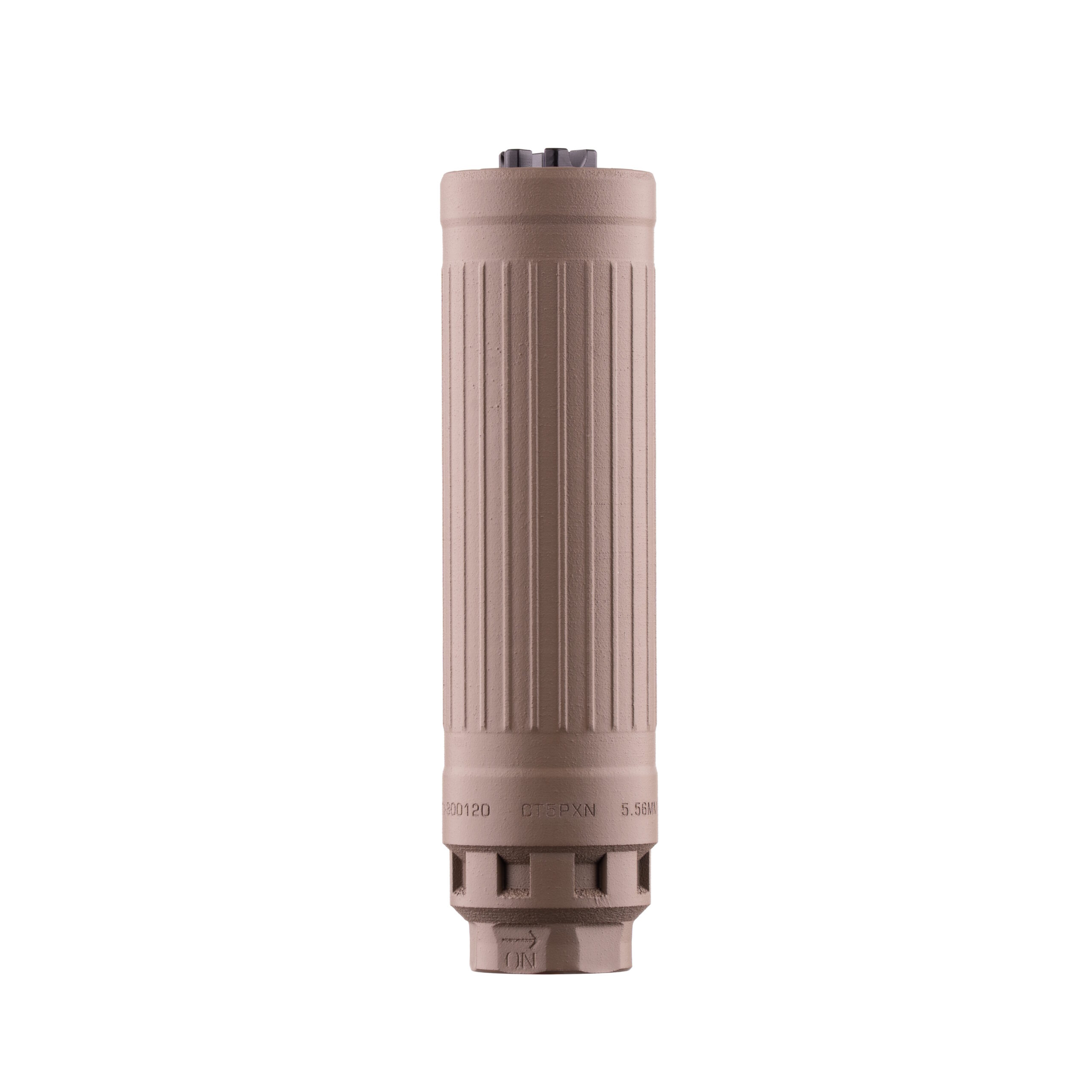 Tan 5.56mm rifle suppressor on white background
