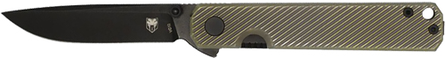 Black folding knife with textured green handle