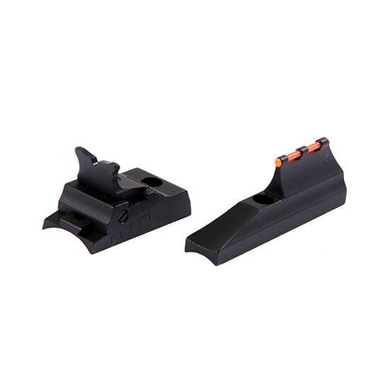 Black firearm front and rear iron sights