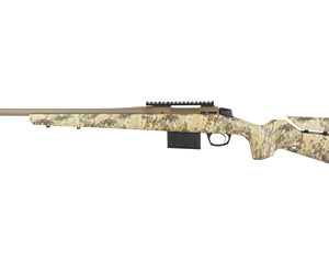 Camouflaged bolt-action rifle with long barrel