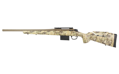 Camouflaged bolt-action rifle with long barrel