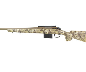 Camouflaged bolt-action hunting rifle on white background