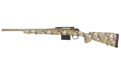 Camouflaged bolt-action hunting rifle on white background