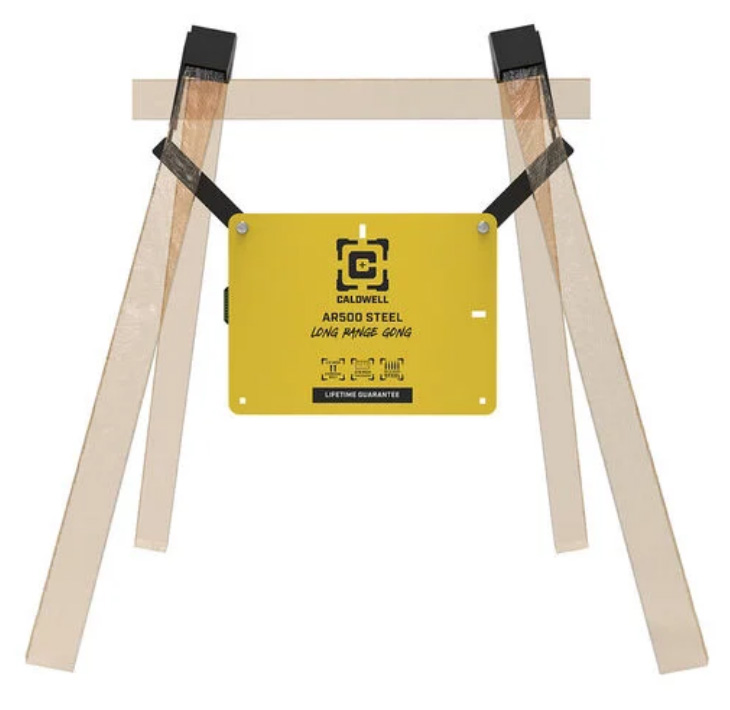Yellow AR500 steel gong target on wooden stand