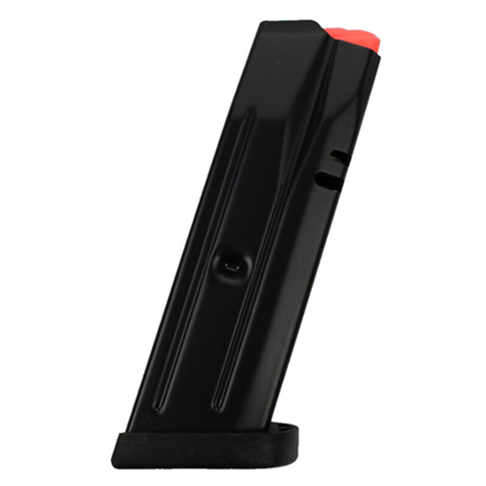 Black pistol magazine with red follower
