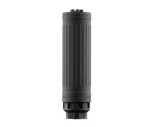 Black cylindrical firearm suppressor with ridged body