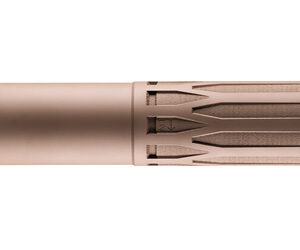 Tan cylindrical firearm suppressor on white background