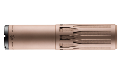 Tan cylindrical firearm suppressor on white background