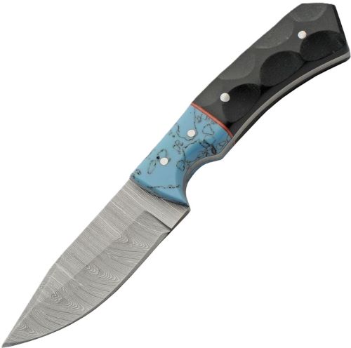 Damascus steel knife with decorative blue handle