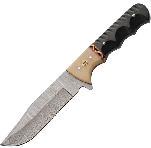 Damascus steel hunting knife with black handle