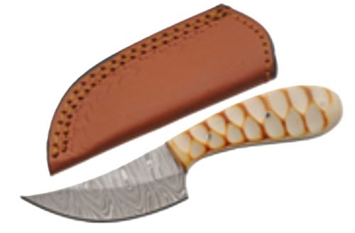 Curved Damascus knife with leather sheath