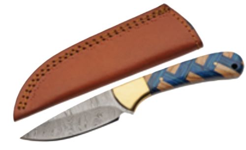 Patterned fixed-blade knife with leather sheath