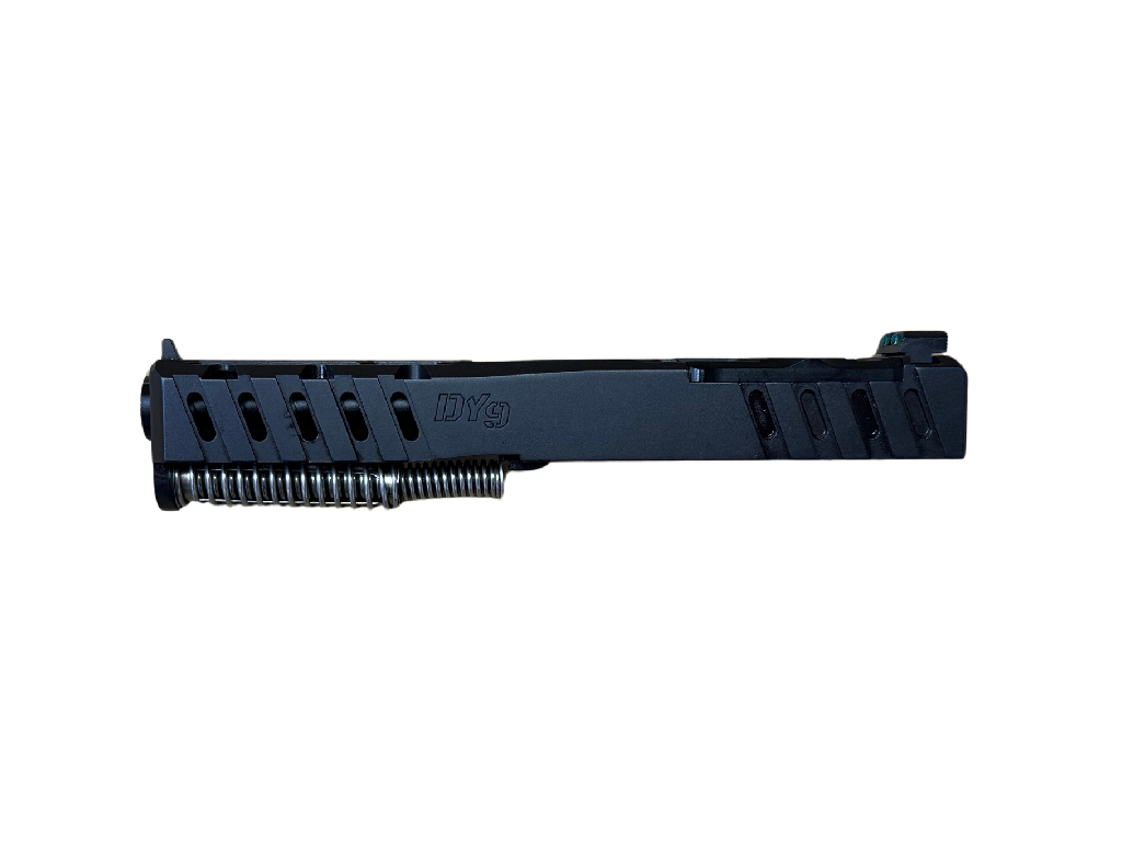 Black handgun slide with recoil spring assembly