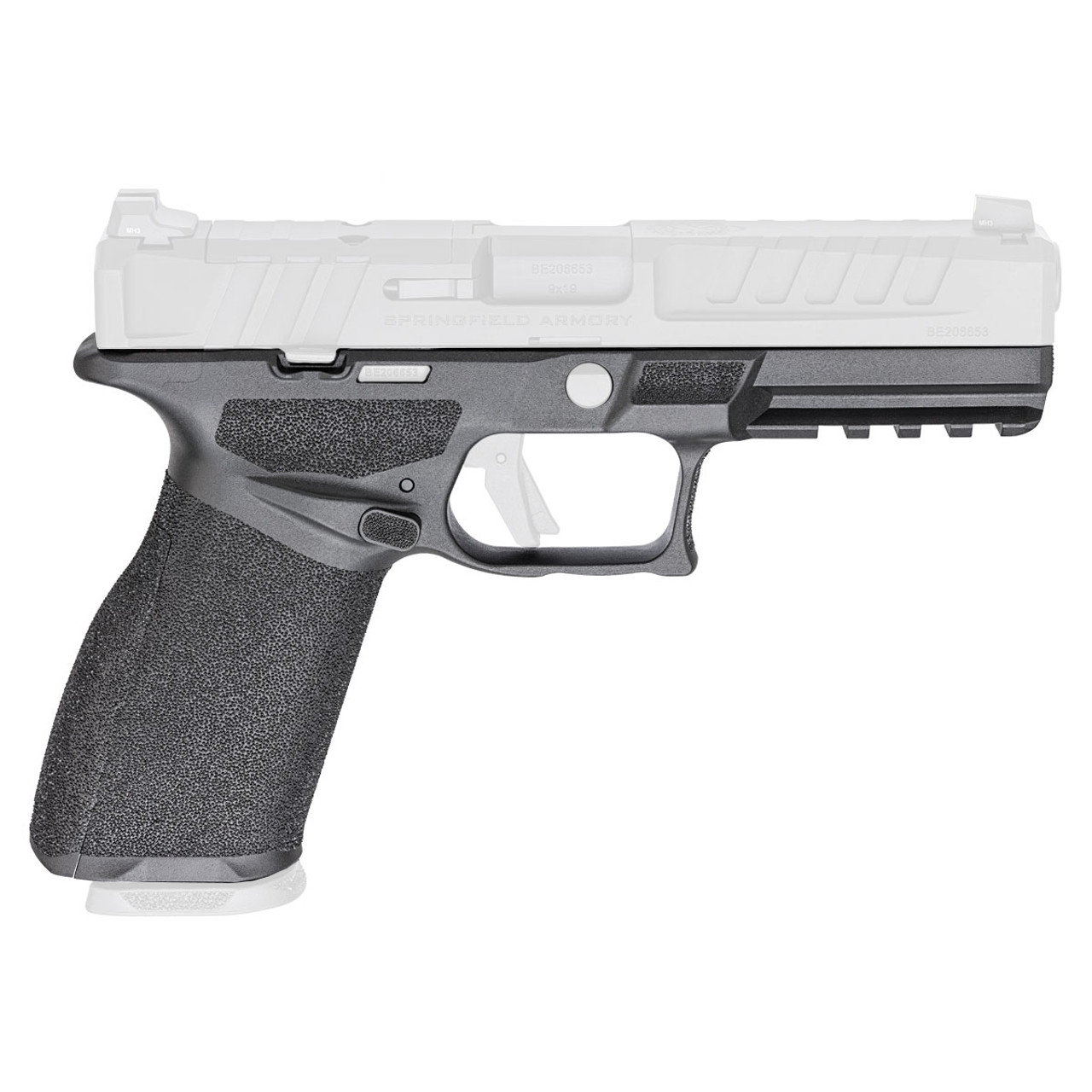 Black semi-automatic handgun side profile on white