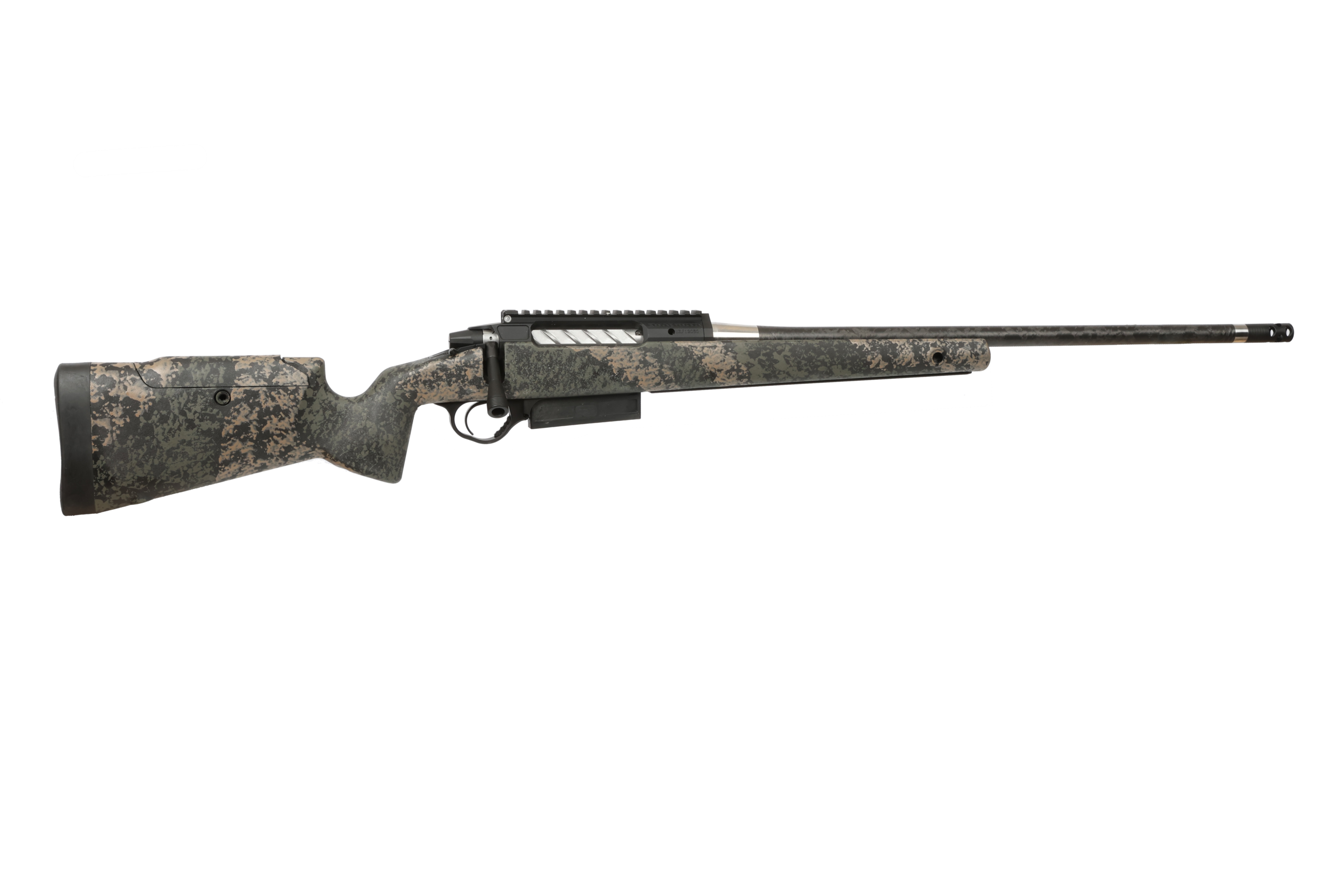 Camouflage bolt-action rifle on white background