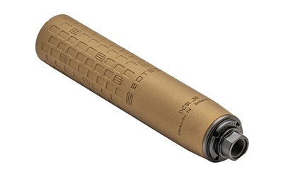 Tan cylindrical firearm suppressor with textured surface