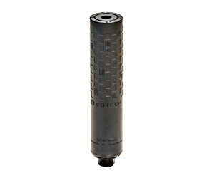 Black cylindrical firearm suppressor on white background