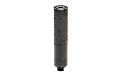 Black cylindrical firearm suppressor on white background