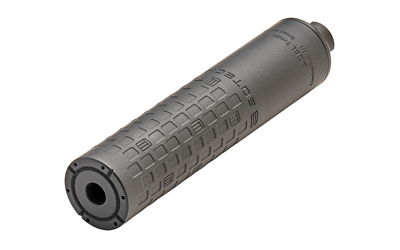 Gray cylindrical firearm suppressor with textured surface