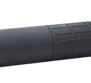 Black cylindrical firearm suppressor with mounting bracket