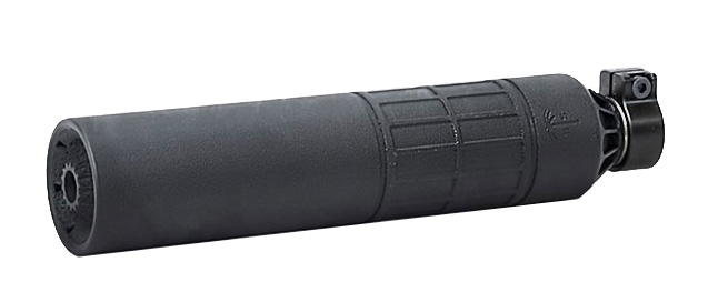 Black cylindrical firearm suppressor with mounting bracket