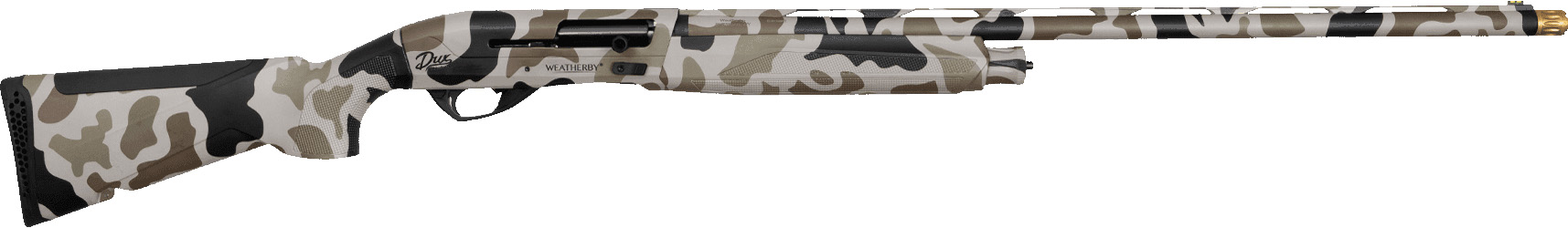 Camouflage-patterned shotgun isolated on white background