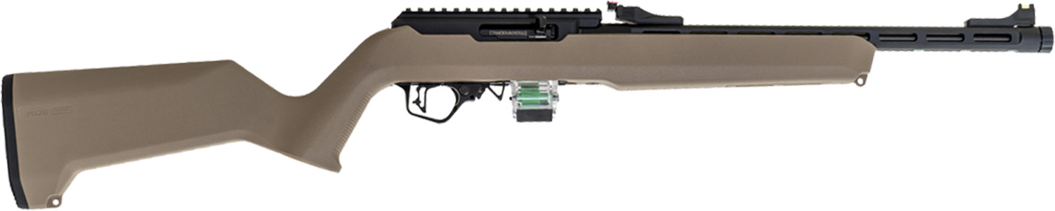 Tan stock semi-automatic rifle on white background